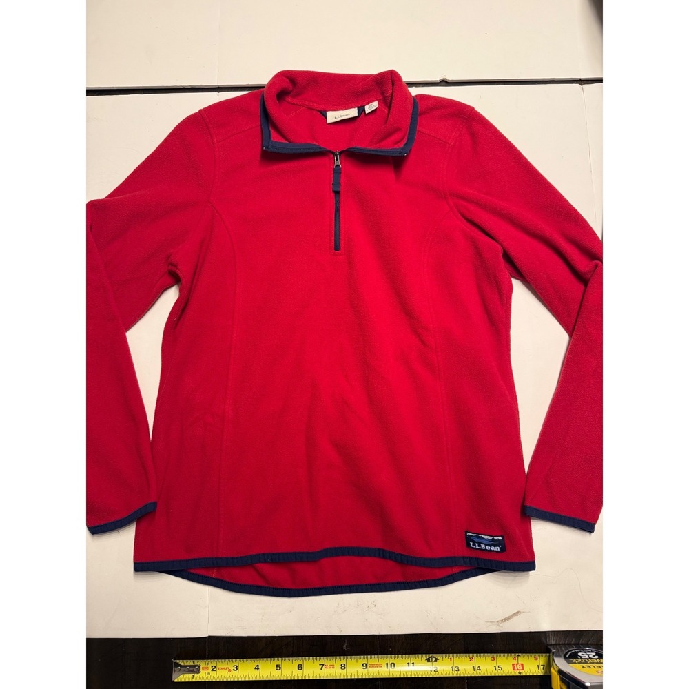 LL Bean Womens Red Quarter Zip Fleece Pullover Navy Trim M 502183